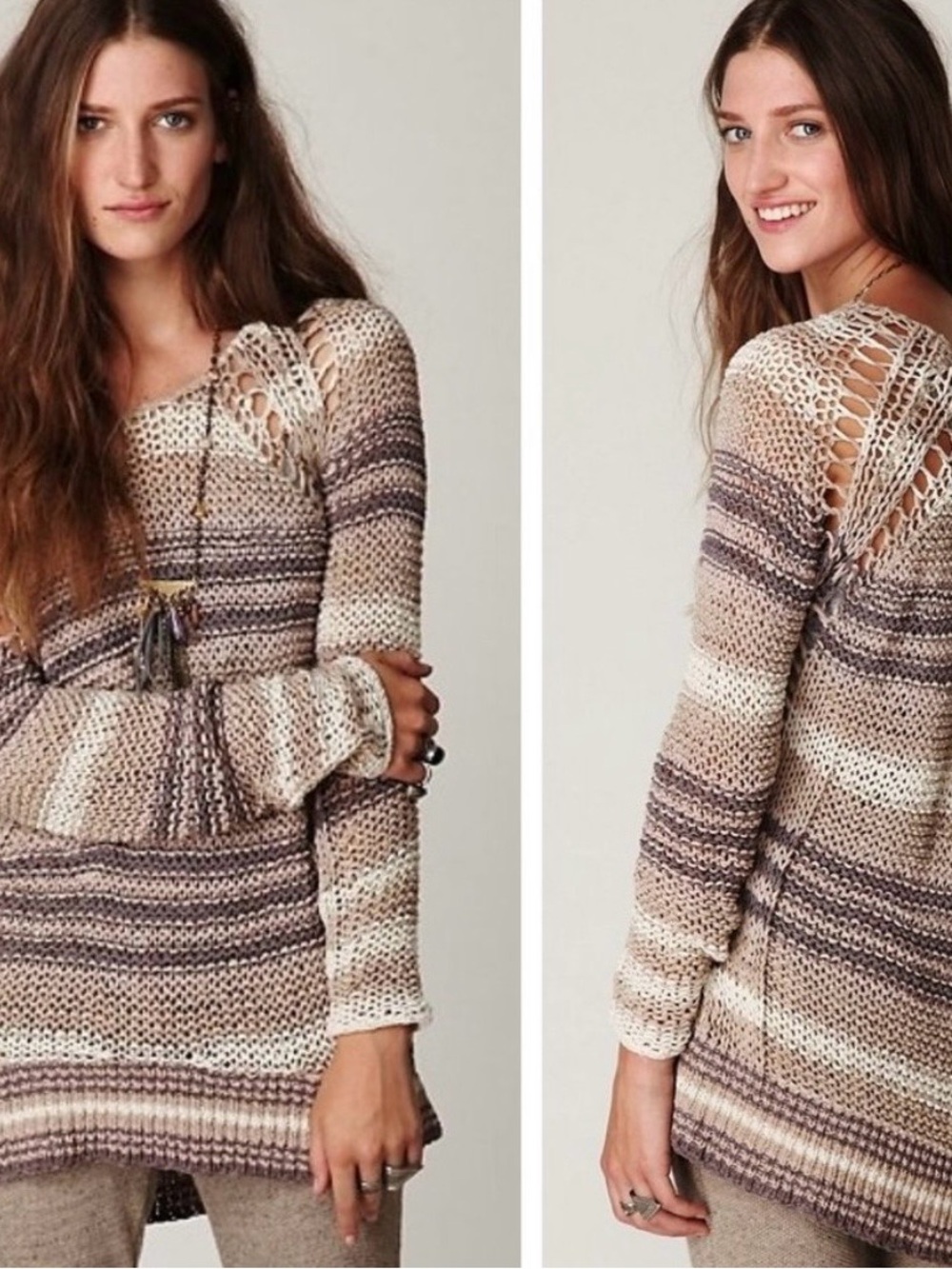 Free People Desert Moon Striped Crochet Knit Boho Tunic Pullover Sweater  Small